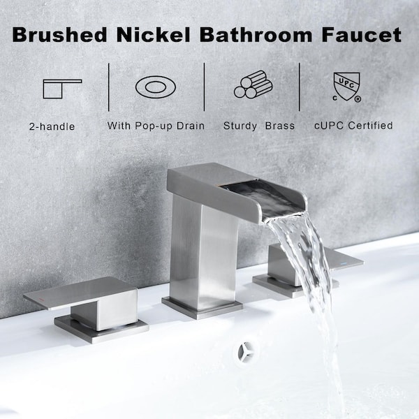 8 in. Widespread Double-Handle Waterfall Spout Bathroom Vessel Sink Faucet with Pop Up Drain in Brushed Nickel
