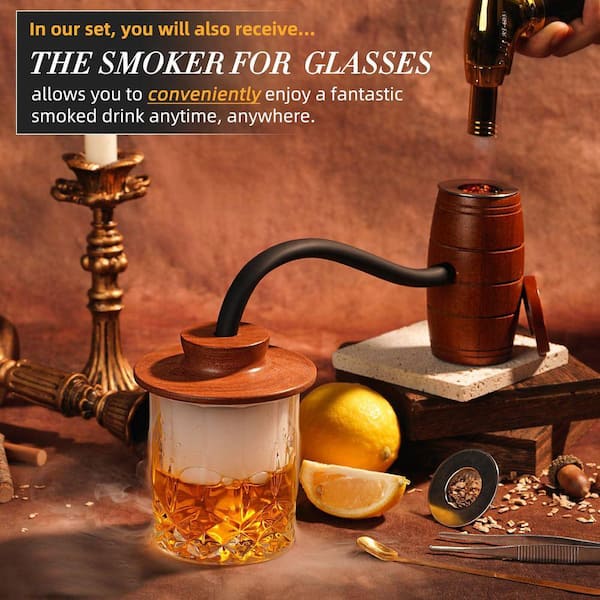 Lynzavix Brown Wood Cocktail Smoker Kit Whiskey Smoking Box Set