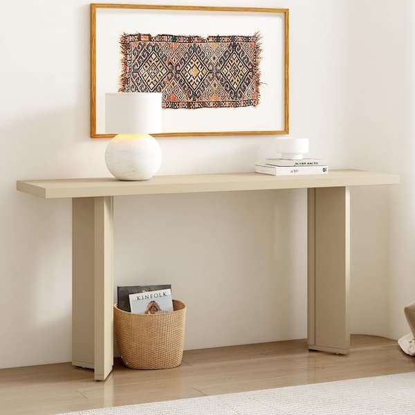 Beige 63 in. Rectangle Pine Wood Veneer Minimalist Console Table with Geometric Legs, Easy Assembly