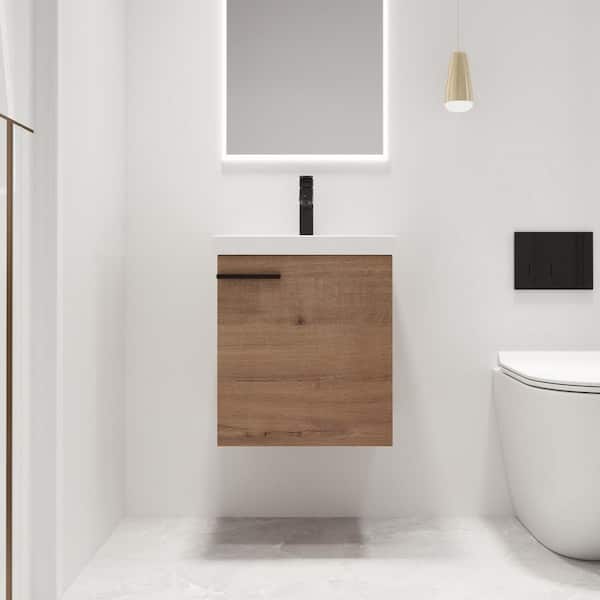 18.1 in. W x 15 in. D x 20.9 in. H Wall-Mounted Bath Vanity in Light Brown with White Ceramic Vanity Top