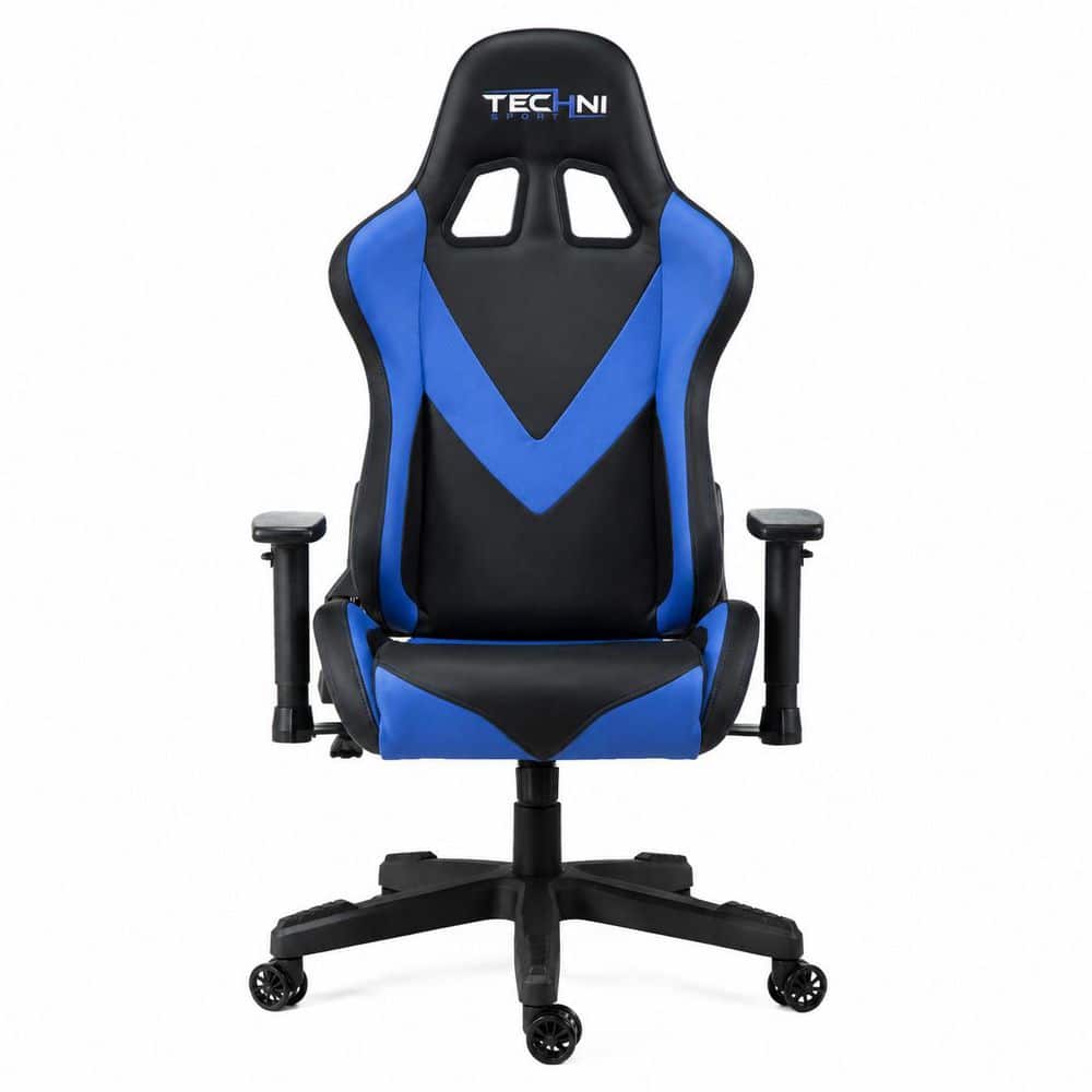 PU Leather Reclining High Back Swivel Adjustable Height Ergonomic Upholstered Game Chair in Blue with Adjustable Arms