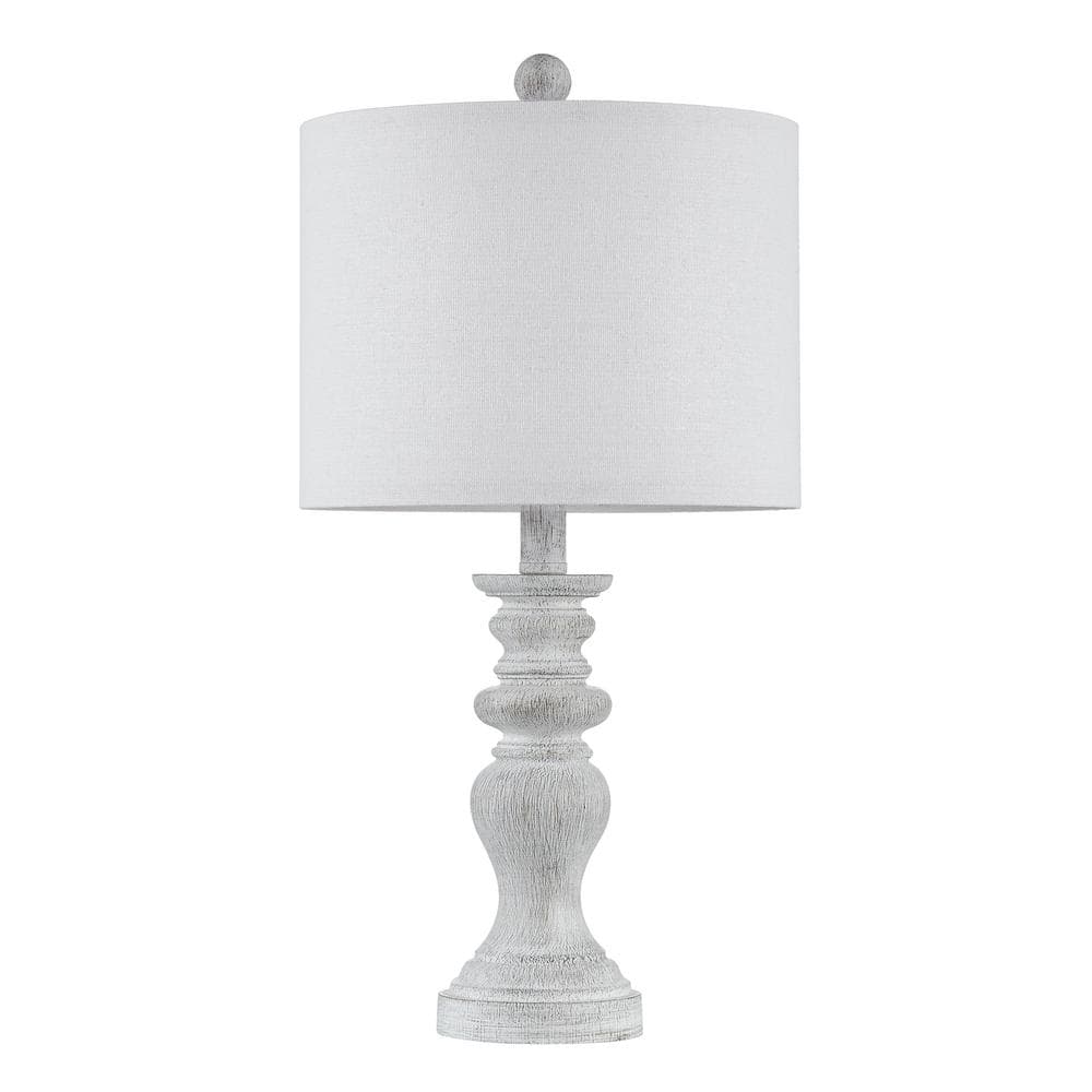 Distressed White Resin Farmhouse Table Lamp Set with Fabric Shade