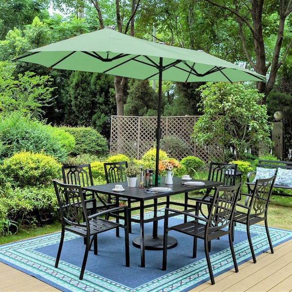 PHI VILLA Black 8-Piece Metal Outdoor Patio Dining Set with Wood-Look Table, Umbrella and Fashion Stackable Chairs