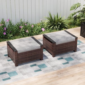 2-Piece Metal Outdoor Ottomans All-Weather Brown Wicker Solution-Dyed Fabric Linen Grey Cushion