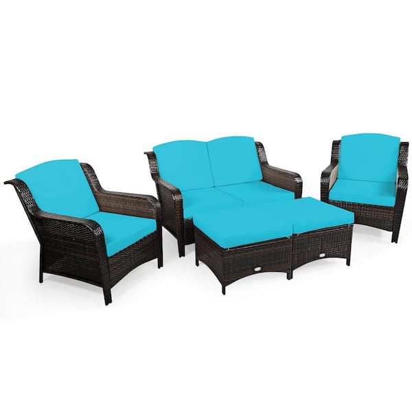 5-Pieces Wicker Outdoor Sectional Set Patio Conversation Set Loveseat Sofa Ottoman with Turquoise Cushions