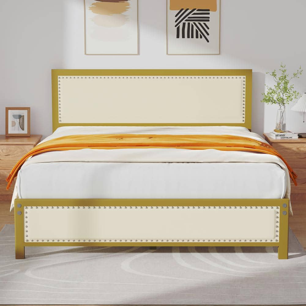 VECELO Metal Bed Frame Queen Beige With Linen Upholstered Headboard ...