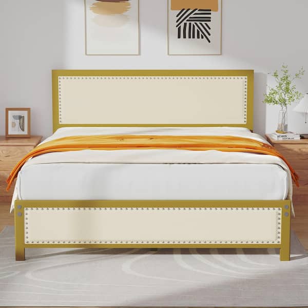 VECELO Metal Bed Frame Queen Beige with Linen Upholstered Headboard, Platform Bed with 12.6 in. Under Bed Storage and Nailhead