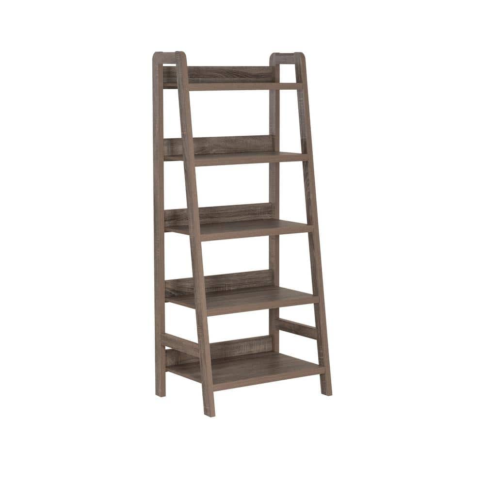 Stacey 60.13 in. Tall Gray Wood 5-Shelf Ladder Bookcase with Fixed Shelves