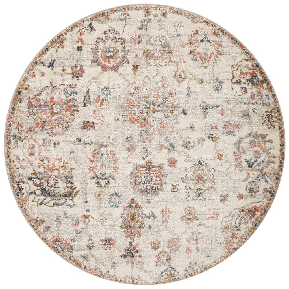 Ivory and Multicolor Round Synthetic Stain-Resistant Area Rug