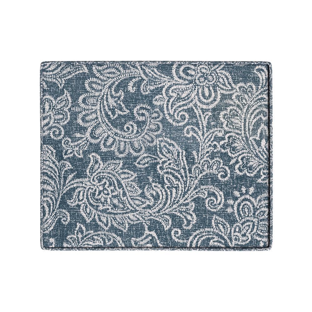 Medium Blue Denim Jacobean Print Storage Ottoman with Hinged Lid