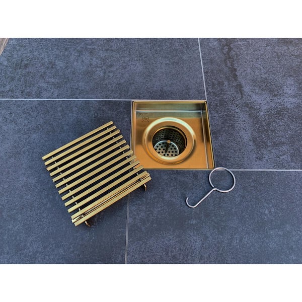 Brushed Gold 4-Inch Brass Shower Floor Drain with Removable Strainer Cover and Square Anti-Clogging FD0404BG