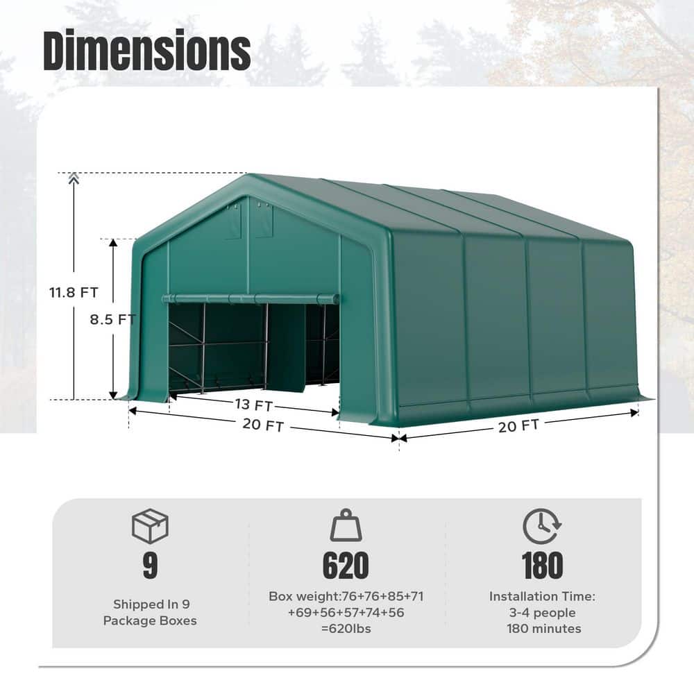 20' x 20' Green Metal Frame Portable Garage with Windows
