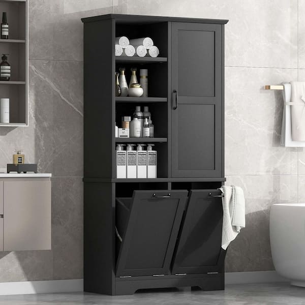31 in. W x 14 in. D x 68 in. H Black MDF Freestanding Linen Cabinet with 1 Door, Tilt-Out Laundry Hamper & Open Shelves