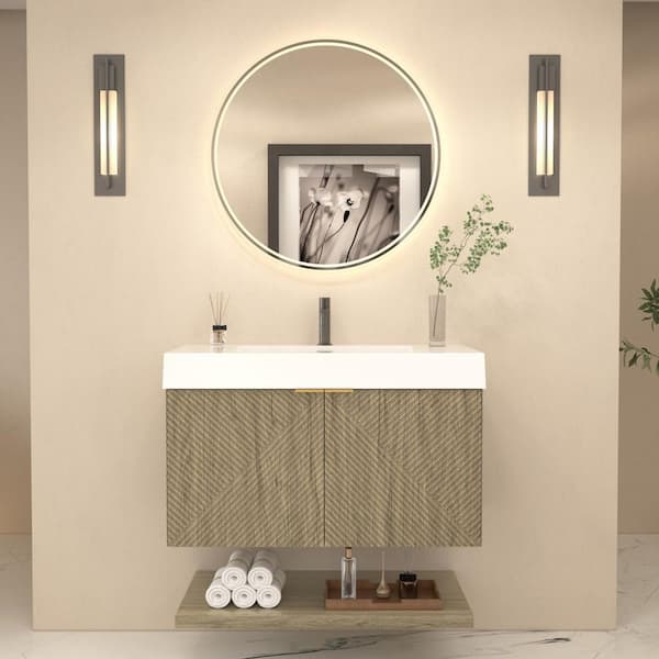 Stella 35 in. W x 20 in. D x 22 in. H Single Sink White Oak Bath Vanity with White Acrylic Top Floating Lower Shelf
