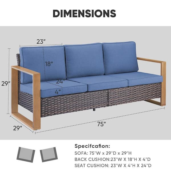 CubeEdge 3-Seat Brown PE Wicker Outdoor Couch with Olefin Blue Cushions Patio Sofa Set