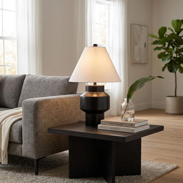 22 in. Black Modern Cylinder Stoneware Ceramic Table Lamp