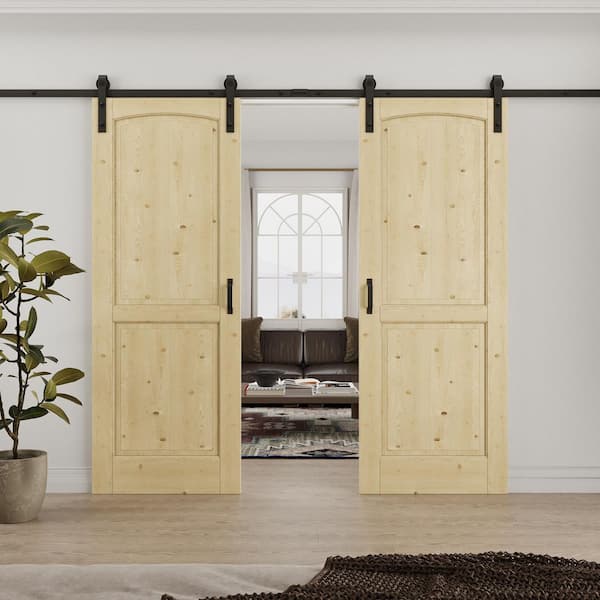 60 in. x 80 in. (Double 30 in. ) Arch 2-Panel Unfinished Solid Core Pine Wood Sliding Barn Door with Hardware Kit