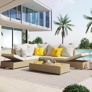 Natural Brown 3-Piece Wicker Outdoor Low Height Sofa Sectional Set with Adjustable Frame and Beige Cushions