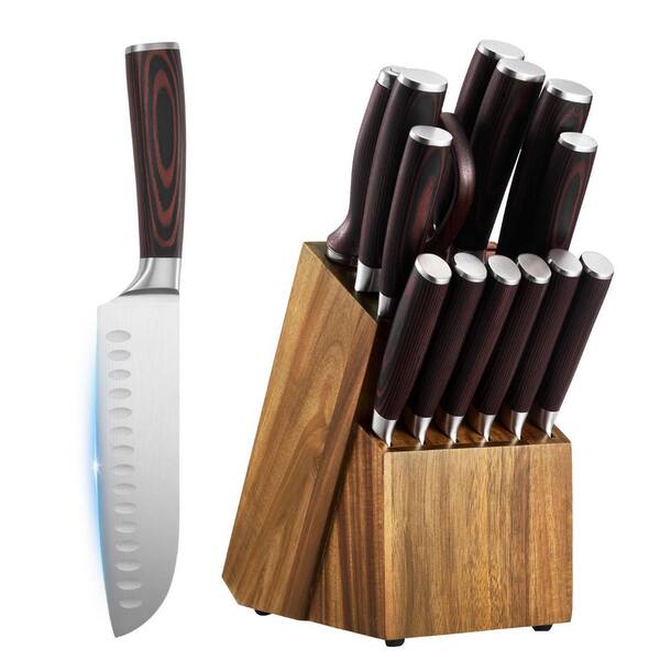 Kitchen Knife Set with Block and Sharpener, 15 Pcs High Carbon Stainless Steel Knife Set, Rust-Resistant Kitchen Cutlery