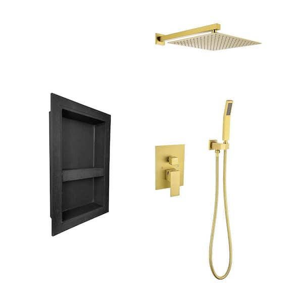 Unbranded Bathroom 3-Spray Square High Pressure 12 in. Wall Bar Shower Kit with Hand Shower in Brushed Gold Rainfall Shower System