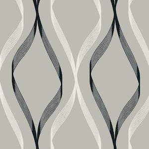 Fog Grey and Ebony Wave Ogee Unpasted Nonwoven Wallpaper Roll 57.5 sq. ft.
