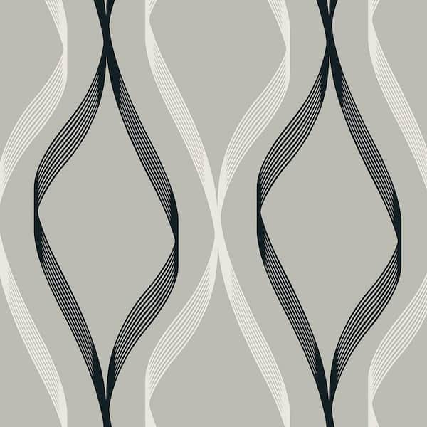 Seabrook Designs Fog Grey and Ebony Wave Ogee Unpasted Nonwoven Wallpaper Roll 57.5 sq. ft.