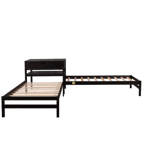 Espresso Twin Size L-Shaped Platform Beds with Drawer Linked with Built ...