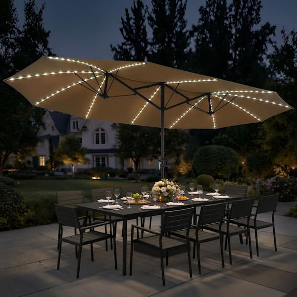 double sided patio umbrella with lights 15 ft. x 9 ft. Double Sided Patio Market Umbrella with Solar Lights and Base Rectangular Outdoor Umbrella in Tan Brown