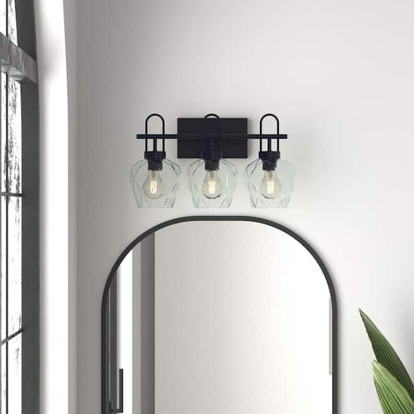 Austin 18.1 in. W 3-Light Matte Black Modern Wall Sconce with Hanging Bell Clear Glass Shade