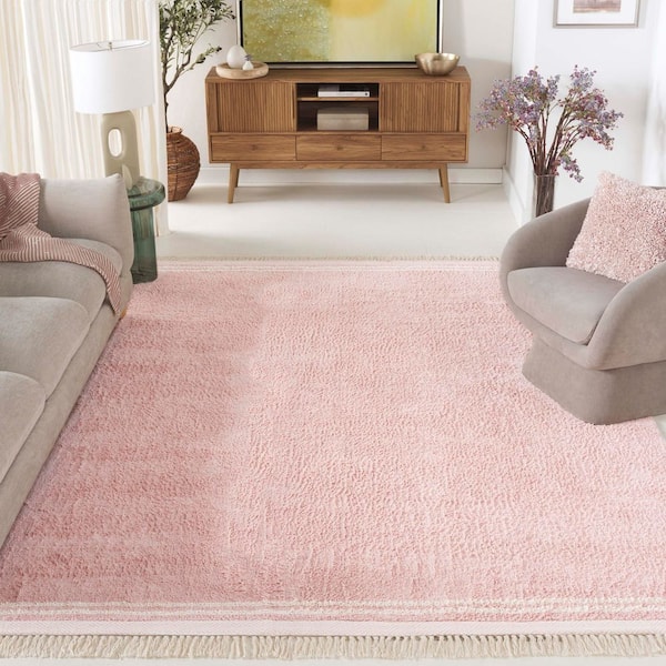 Easy Care Pink Pink/Ivory 9 ft. x 12 ft. Machine Washable Solid Fringe Area Rug
