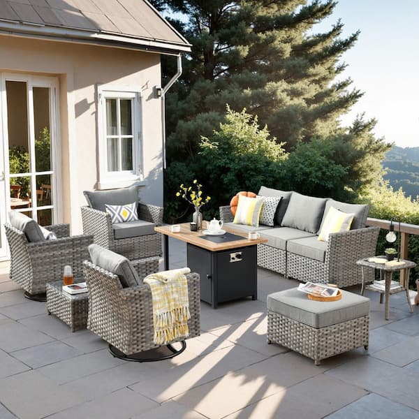 Toject Eufaula Gray 10-Piece Wicker Outdoor Patio Conversation Sofa Set with a Storage Shelf Fire Pit and Gray Cushions
