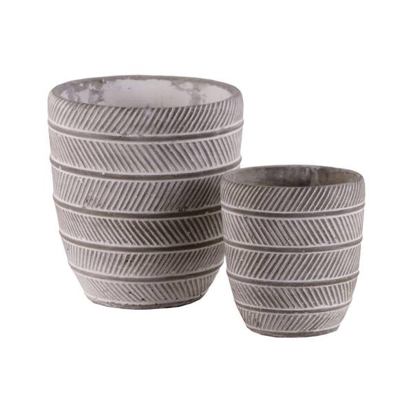 Benjara 7 in. Distressed Gray Round Cement Pot with Parallel Lines Engraving (Set of 2)