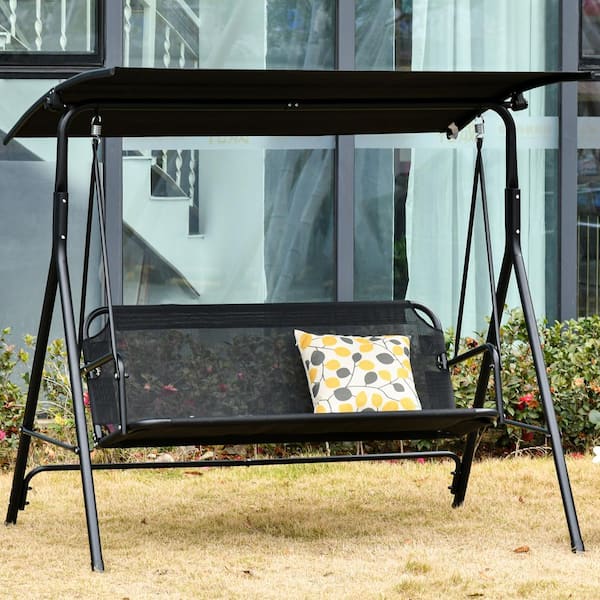 Zeus Ruta 2 Seat Outdoor Metal Frame Stand Patio Swing Chair with Adjustable Tilt Canopy Armrests Breathable Mesh in Black W0515 PBBK The Home Depot