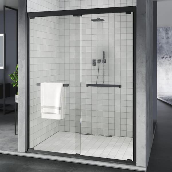 56 to 60 in. W x 76 in. H Sliding Framed Shower Door in Black Finish with Clear Glass