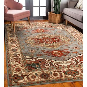 Blue 8 ft. x 10 ft. Hand-Knotted Wool Traditional Geometric Serapi Rug