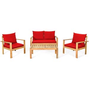 4-Pieces Patio Furniture Set Acacia Wood Outdoor Loveseat Sofa with Red Cushions