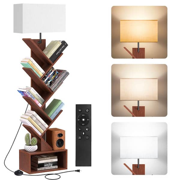 BICIK 56.7 in. Walnut Farmhouse 1-Light Dimmable Standard Floor Lamp with Fabric Rectangular Shade for Living Room