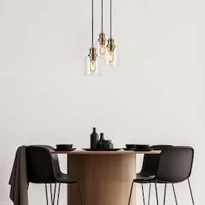3-Light Modern Black Round Chandelier, Transitional Brass Gold Hanging Pendant with Clear Cylinder Glass Shade