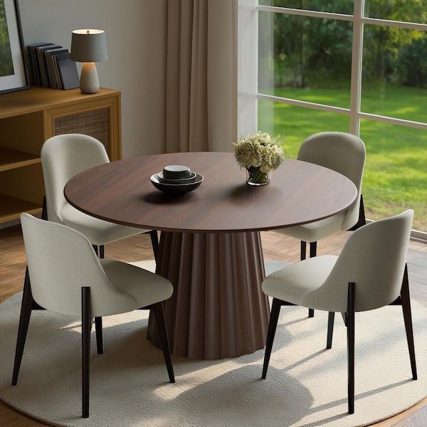5-Pieces Walnut Round Wooden Top Dining Table Set 4-Seats with Wood Frame, Upholstered White Ergonomic Dining Chair