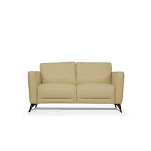 59 in. Cream Leather Solid Color Leather 2-Seater Loveseat with Black Solid Manufactured Wood Legs