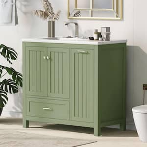 36 in. W x 18.3 in. D x 33.9 in. H Single Sink Freestanding Bath Vanity in Green with White Ceramic Top and Storage