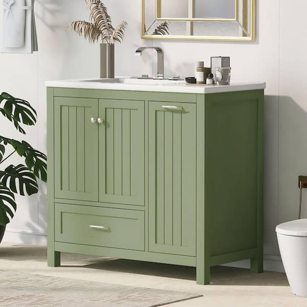 EPOWP 36 in. W x 18.3 in. D x 33.9 in. H Single Sink Freestanding Bath Vanity in Green with White Ceramic Top and Storage