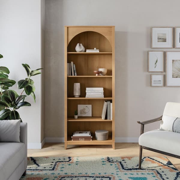 Prepac Ark 78 in. Tall Natural Oak Engineered Wood 5-Shelf Arched Bookcase with Storage for Home Living Room
