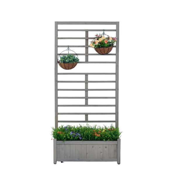 Unbranded 67 in. China Fir Raised Garden Bed with Trellis, Outdoor Wood Planter Box for Vine Plants Climbing, Gray