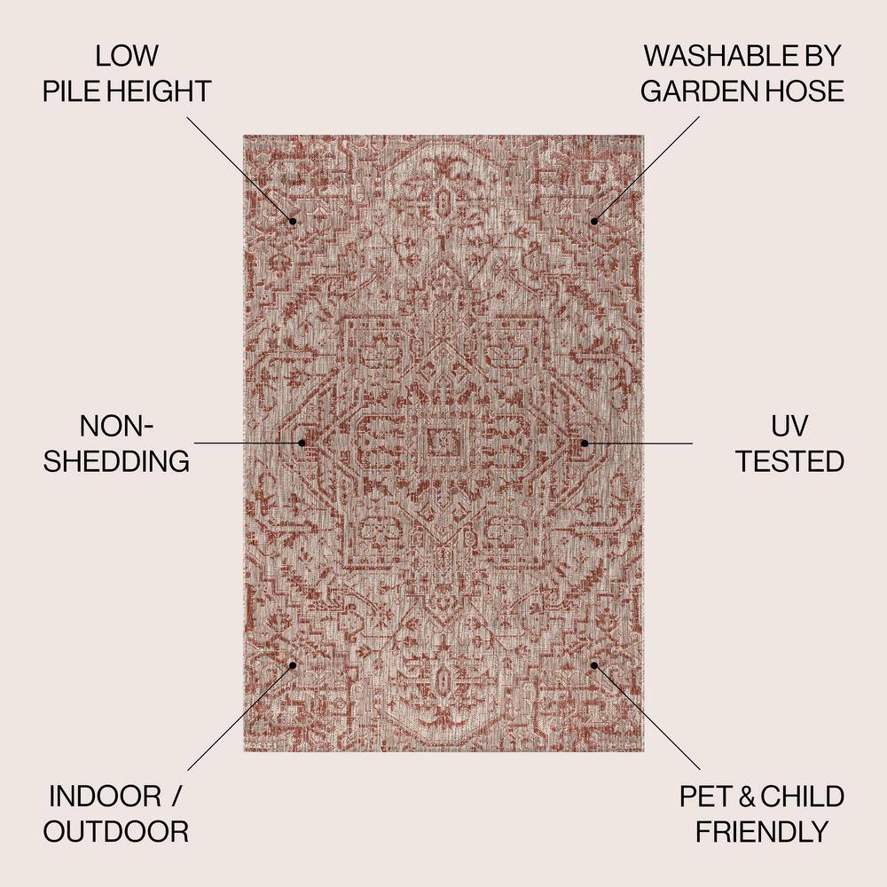 Estrella Red and Taupe Medallion Synthetic Indoor/Outdoor Area Rug
