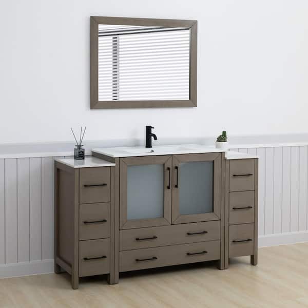 60 in. W x 18 in. D x 36 in. H Driftwood Gray Bath Vanity with White Ceramic Top and Mirror