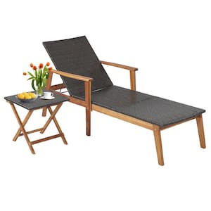 2-Pieces Outdoor Patio Rattan Lounge Chair Chaise Recliner Wood Back Adjust with Folding Table