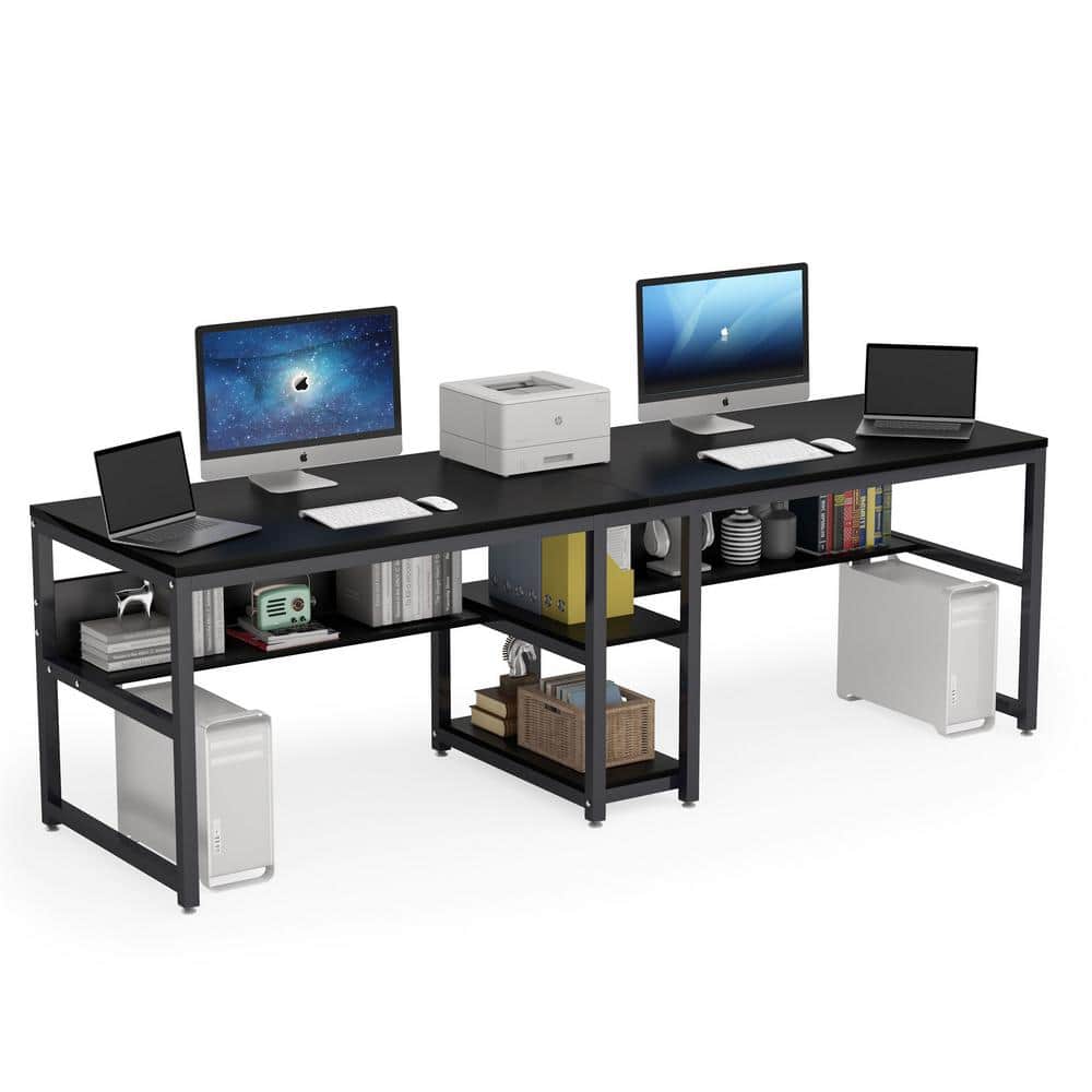 Black Double Workstation Desk with Shelves for Two