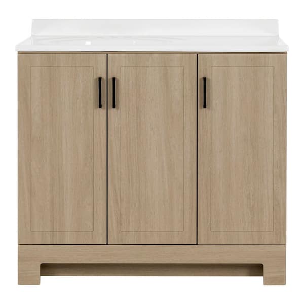 Oakley 37 in. Single Sink Beige Oak Bath Vanity with White Cultured Marble Top (Assembled)