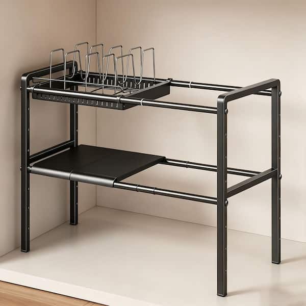 Black 2 Tier Metal Expandable Under Cabinet Pot Rack for Kitchen Under Sink Cookware and Lid Storage